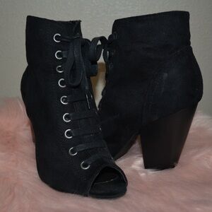 Coquette Whimisigoth Ankle Boots Bootie Black Lace Up Open Peep Toe Chunky Heel